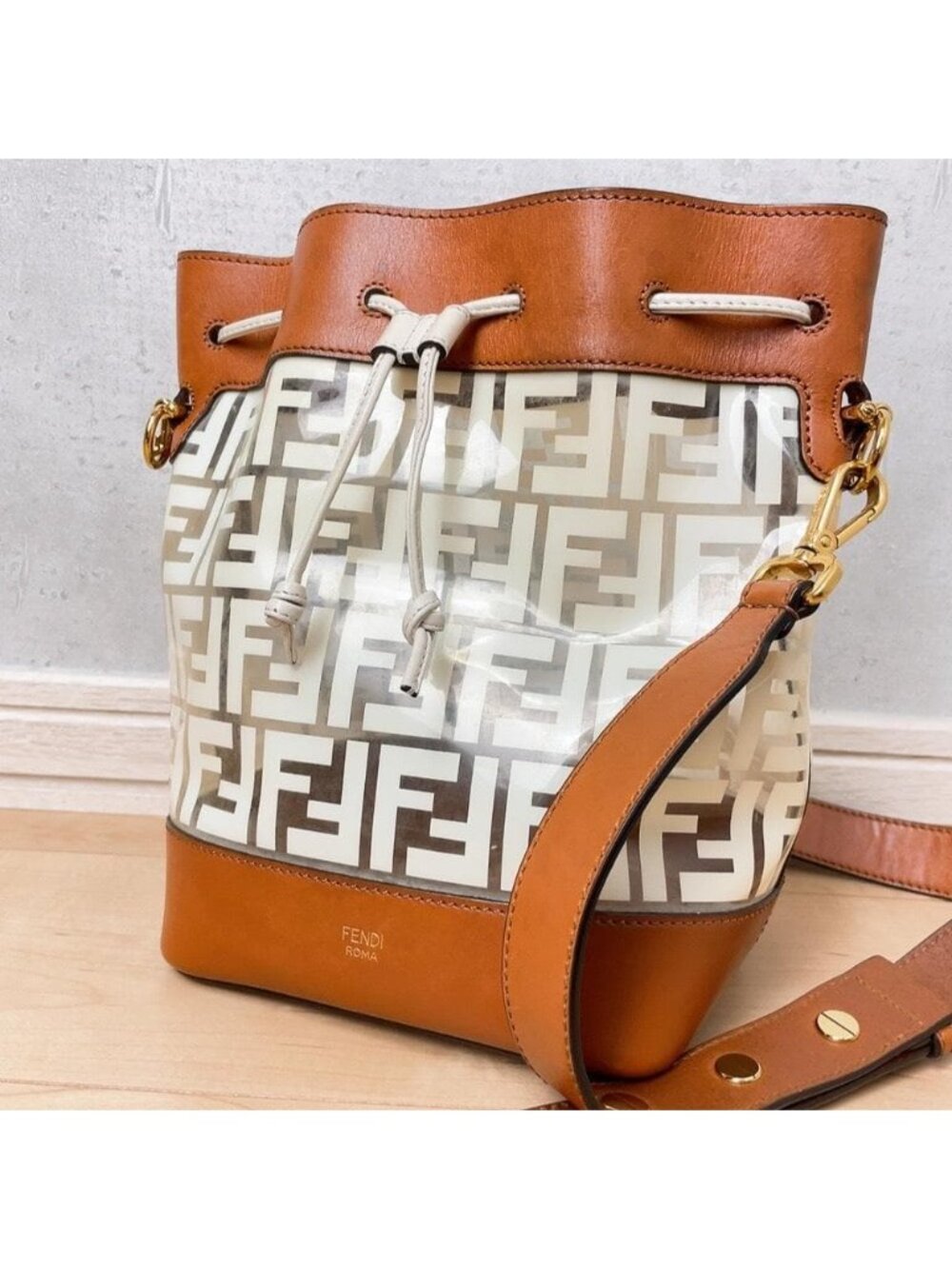 Fendi Montresor Zucca Pattern Clear Drawstring Bucket Bag Leather